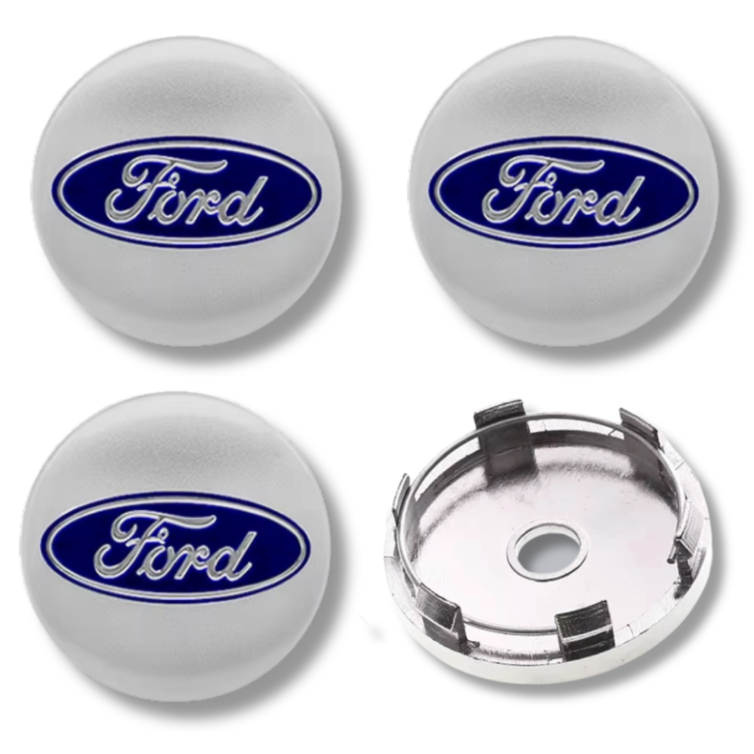 Ford 60mm Silver Blue plastic Centre Caps Set, set of 4, OEM 1368744