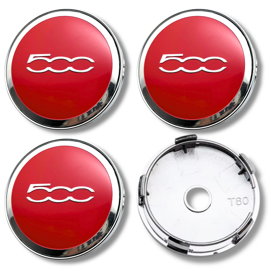 Fiat 60mm Chrome Red plastic Centre Caps Set, set of 4, OEM 735448759 / 1358877080
