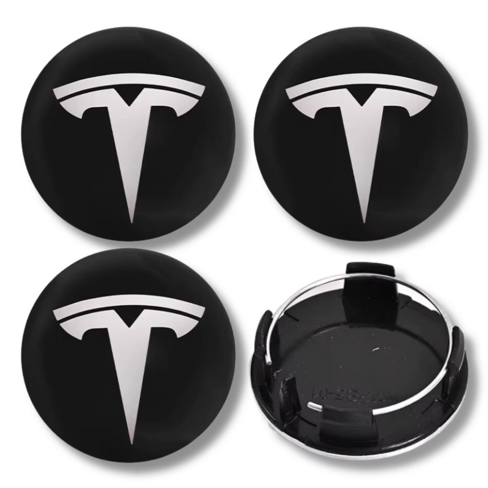Tesla 56mm Black Silver plastic Centre Caps Set, set of 4, OEM 1188223-00-A
