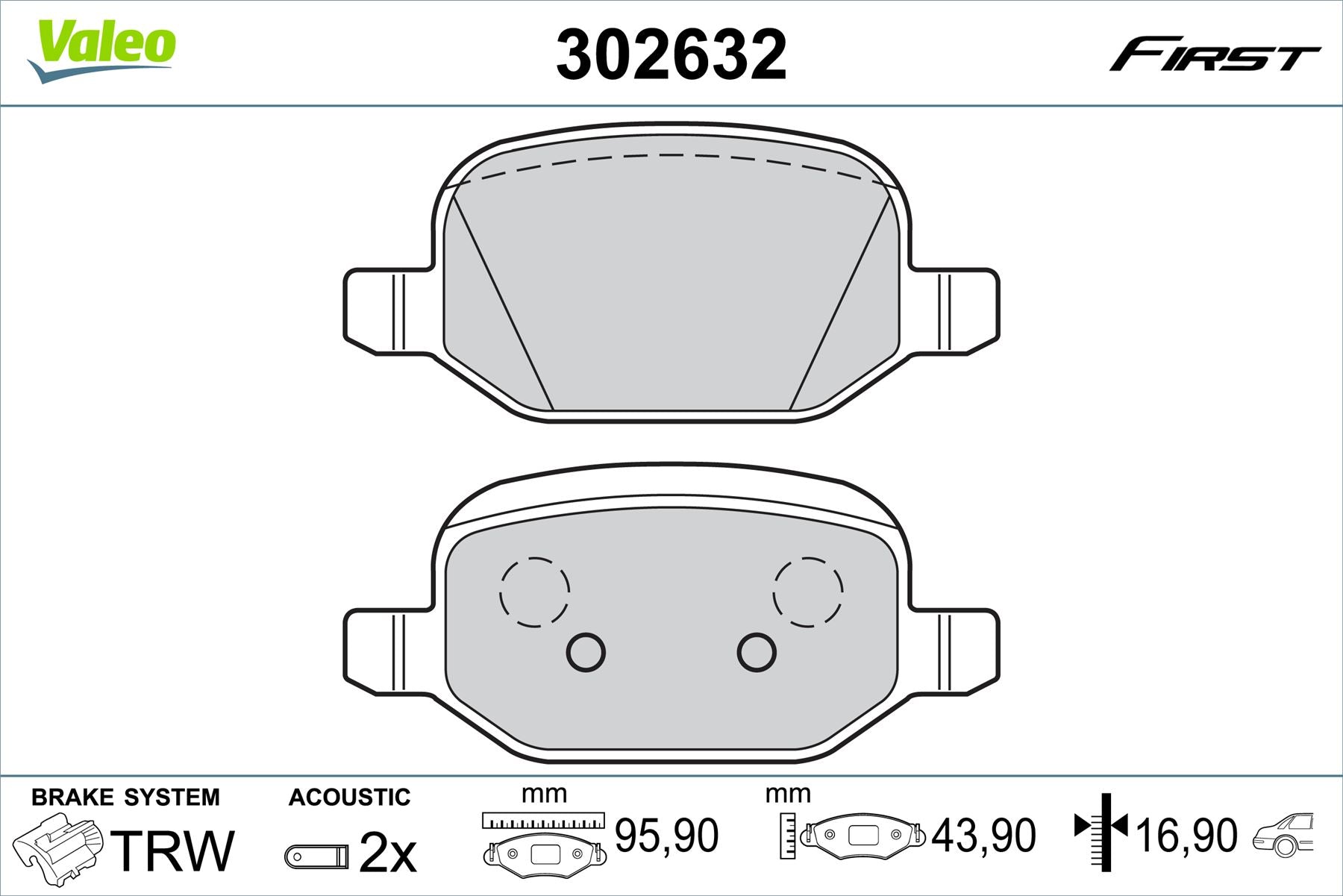Fiat 500 Rear Brake Pad Set, Valeo OEM, OEM 77366456, MPN 302632