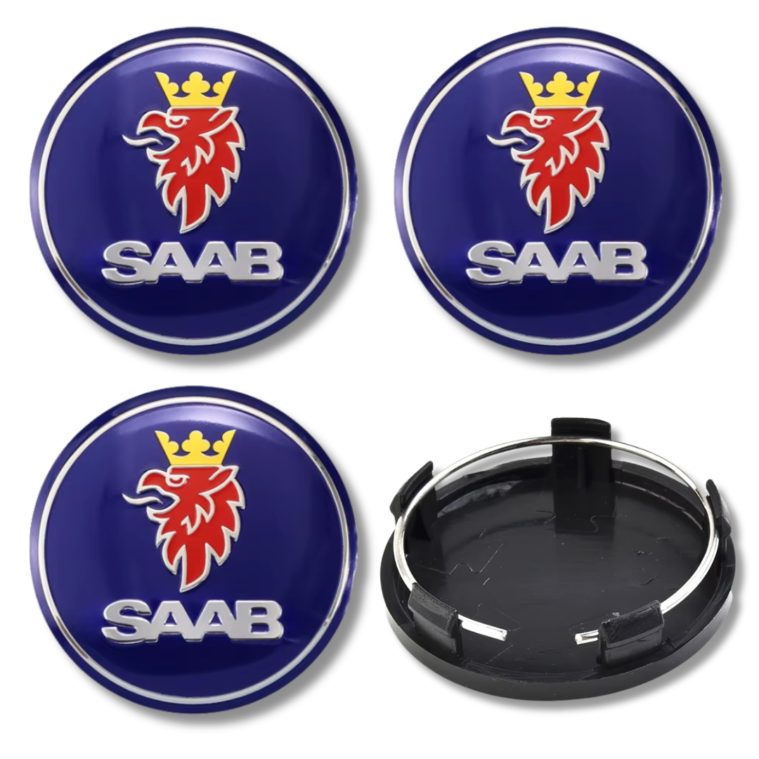 Saab 60mm Blue Black plastic Centre Caps Set, set of 4, OEM 12761078 / 12775052