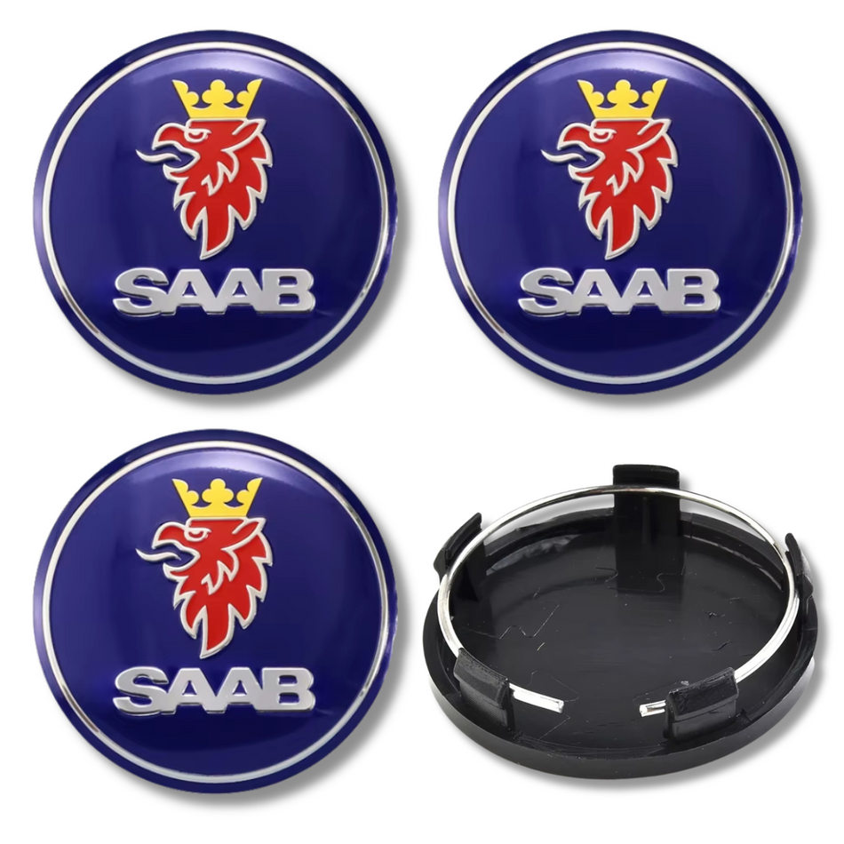 Saab 60mm Blue Black plastic Centre Caps Set, set of 4, OEM 12761078 / 12775052