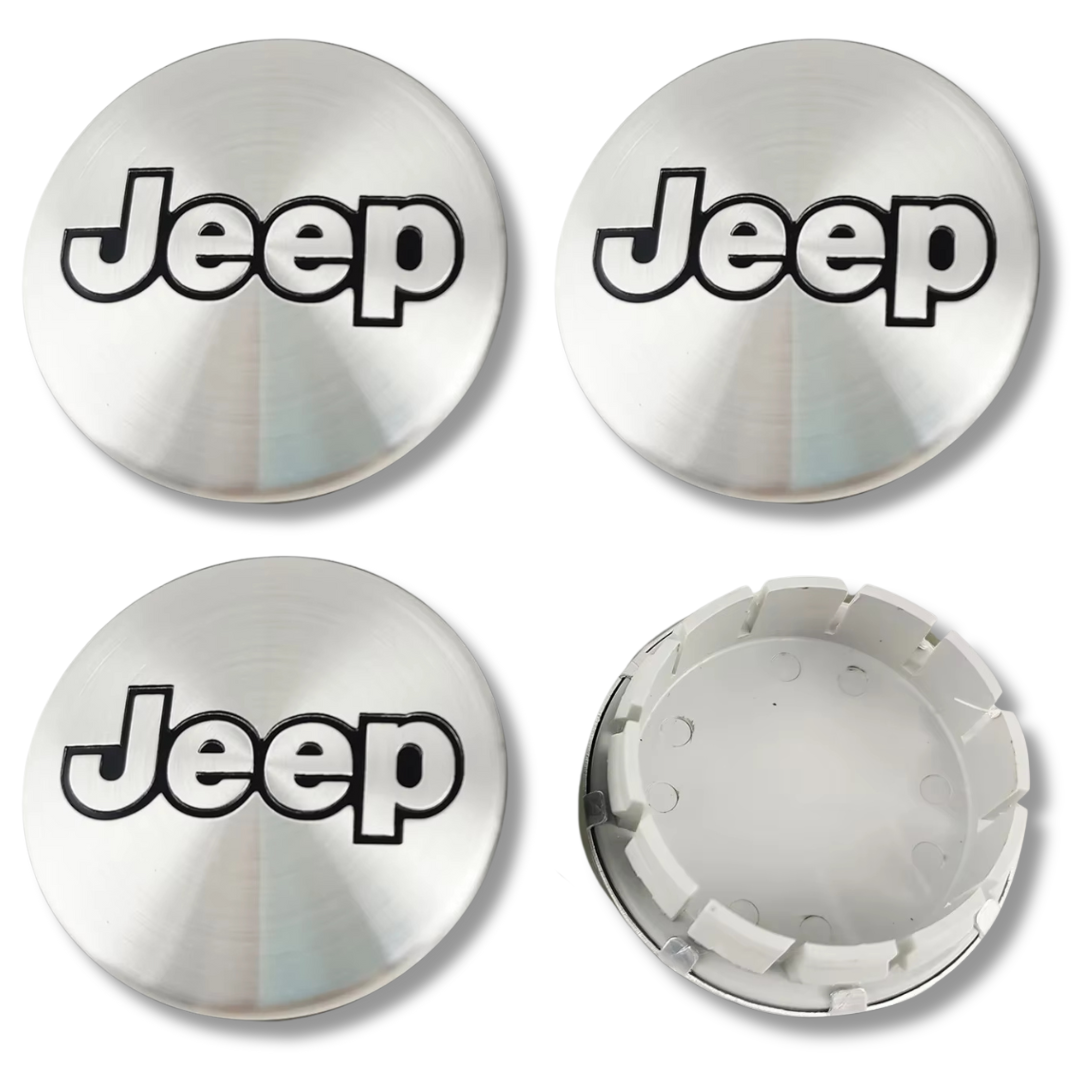 Jeep 55mm Silver Black plastic Centre Caps Set, set of 4, OEM 1LB77DX8AA / 1LB77DD5AC