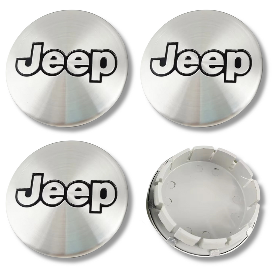 Jeep 55mm Silver Black plastic Centre Caps Set, set of 4, OEM 1LB77DX8AA / 1LB77DD5AC
