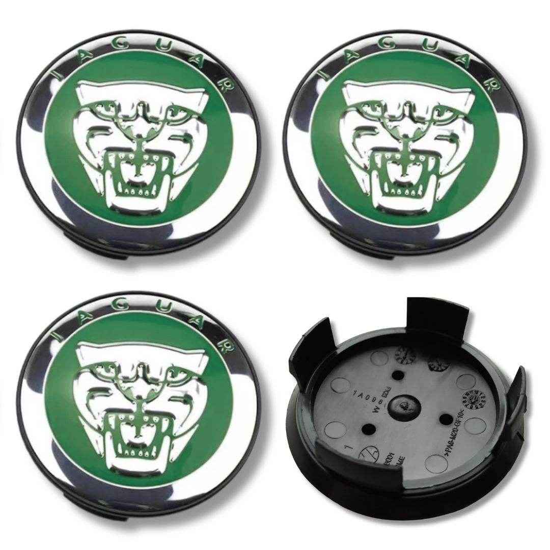 Jaguar 58mm Green plastic Centre Caps Set, set of 4, OEM C2D47107 / T2H58379 / T2H58380