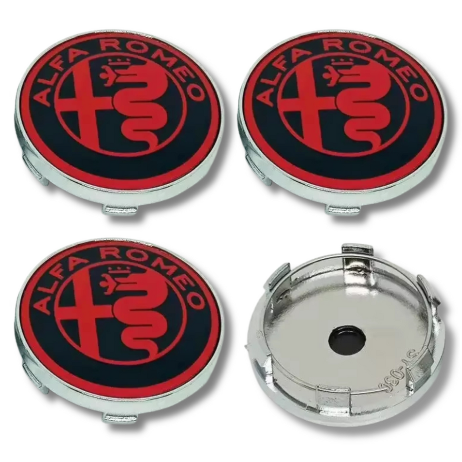 Alfa Romeo 60mm Black Red plastic Centre Caps Set, set of 4, OEM 50539932