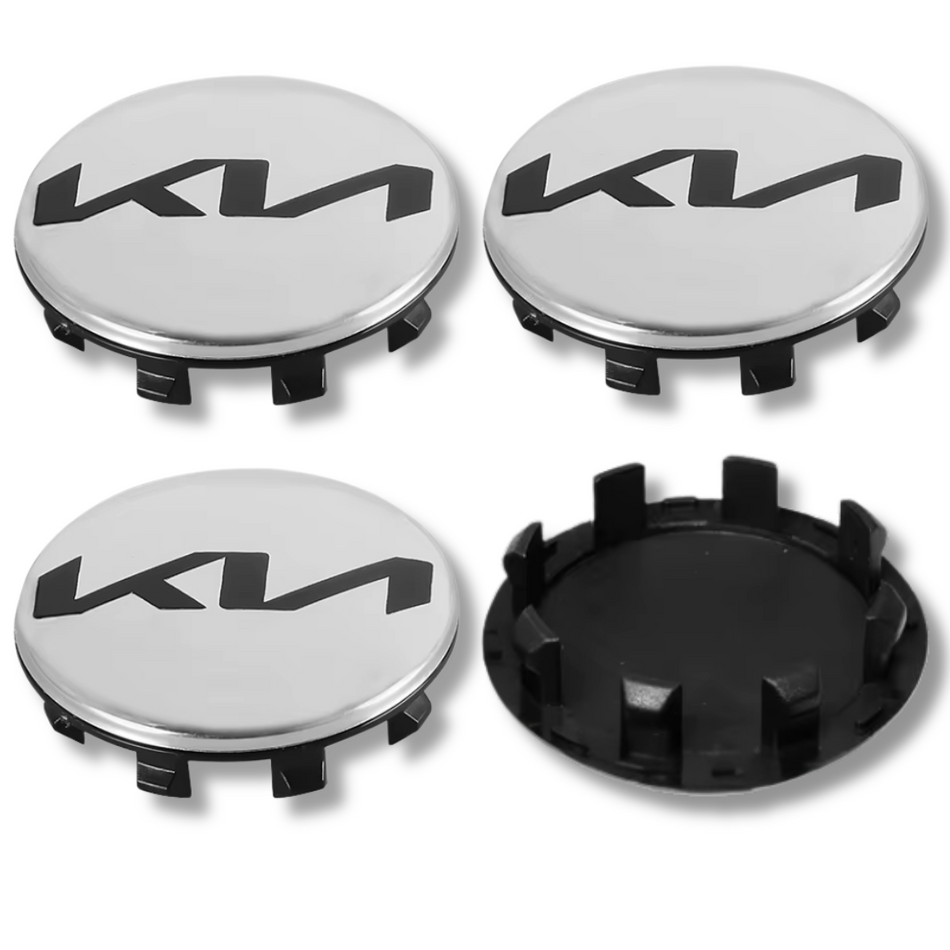 Kia 56mm Silver Black plastic Centre Caps Set, set of 4, OEM 52960-S9100 / 52960-3W200 / 52960-1F610