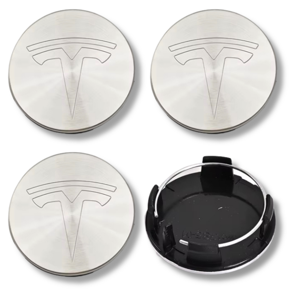 Tesla 56mm Silver plastic Centre Caps Set, set of 4, OEM 1188223-00-A