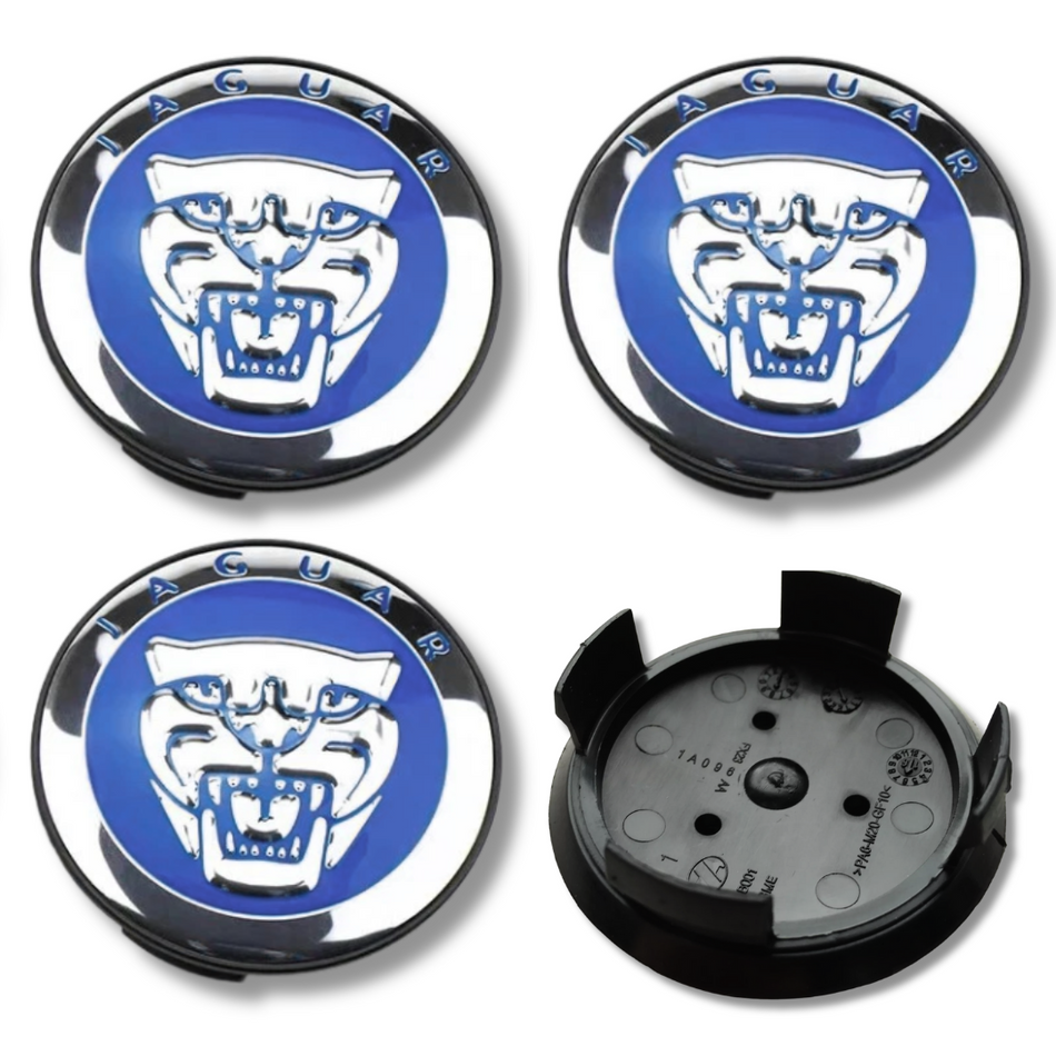 Jaguar 58mm Blue plastic Centre Caps Set, set of 4, OEM C2D47107 / T2H58379 / T2H58380