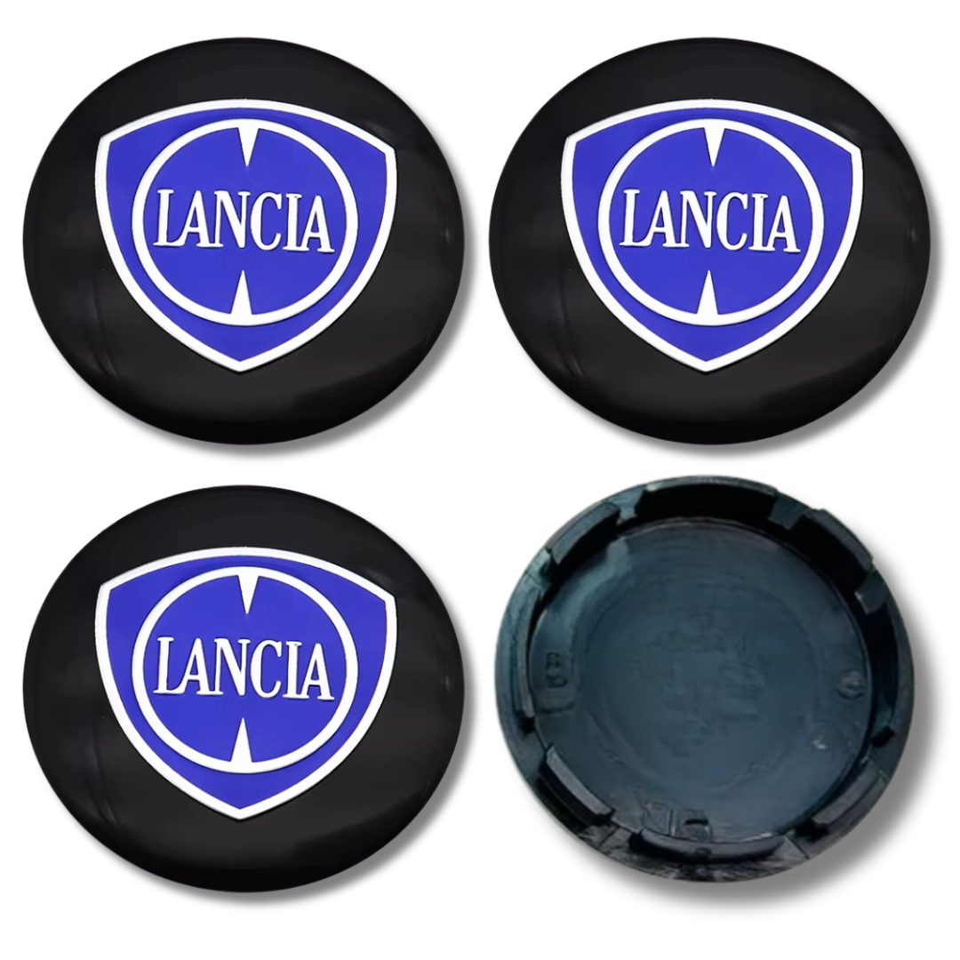 Lancia 56mm Black GT plastic Centre Caps Set, set of 4, OEM 735448759