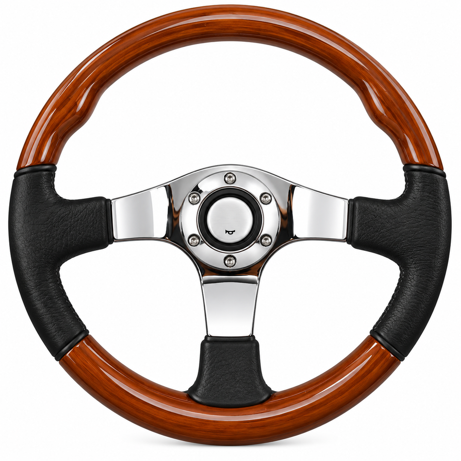 Solid Wood Leather Steering Wheel 350mm - Universal Fit