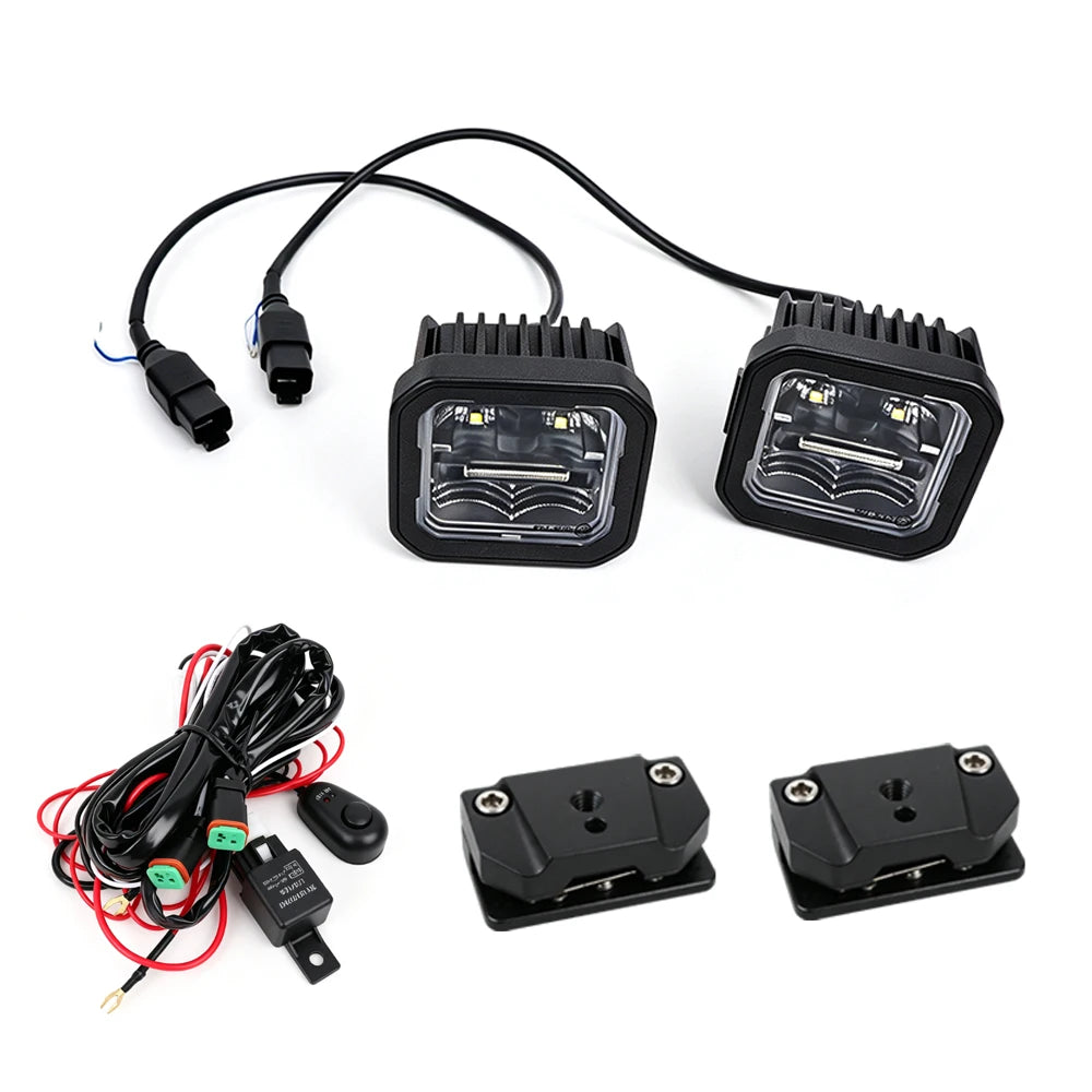 P8 LED cube pod lights – Pair + 2-pin DT plugs + A-pillar brackets + WR01 harness