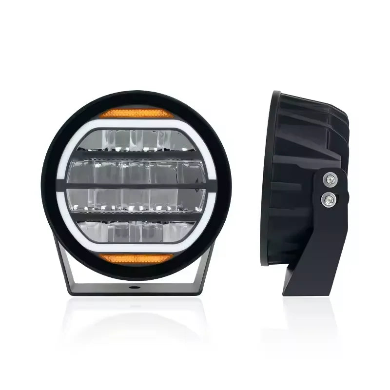 Round LED driving light front and side view with mounting bracket