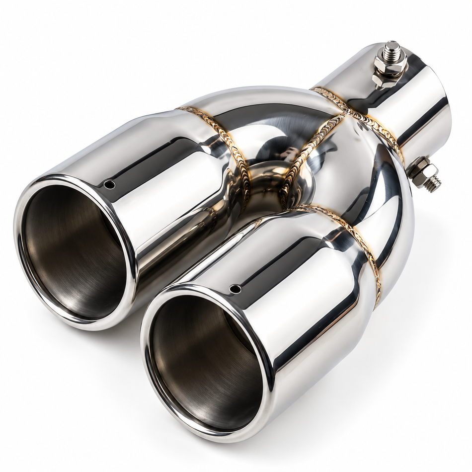 Silver  double-barrel stainless steel exhaust tip on white