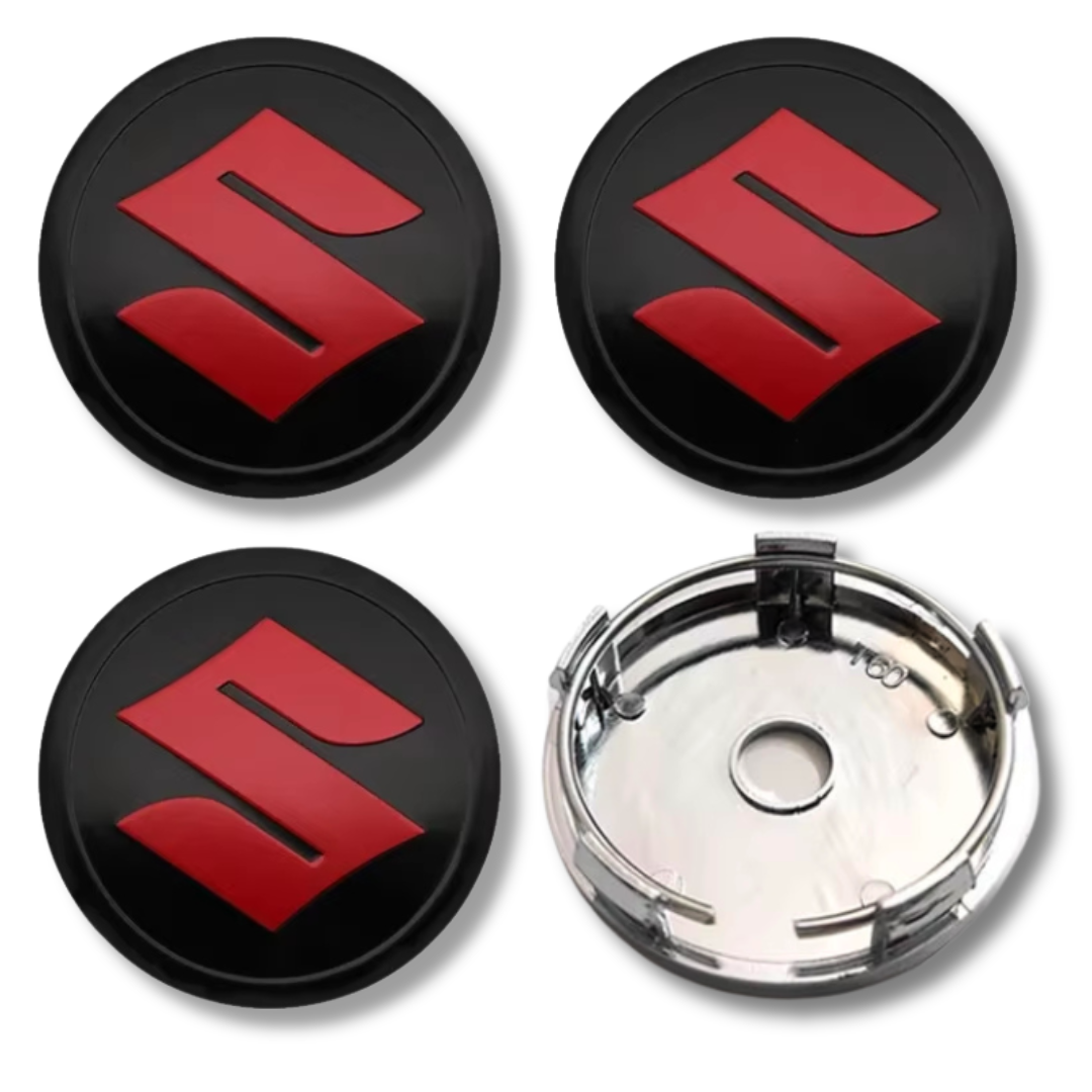 Suzuki 60mm Red Black plastic Centre Caps Set, set of 4, OEM 43252-63J00