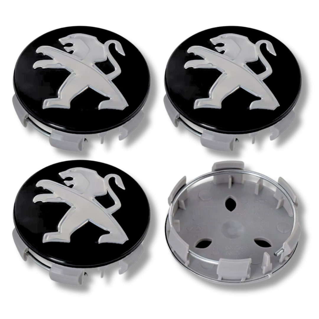Peugeot 60mm Black Flat plastic Centre Caps Set, set of 4, OEM 9683515580 / 542166