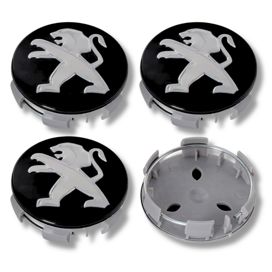Peugeot 60mm Black Flat plastic Centre Caps Set, set of 4, OEM 9683515580 / 542166