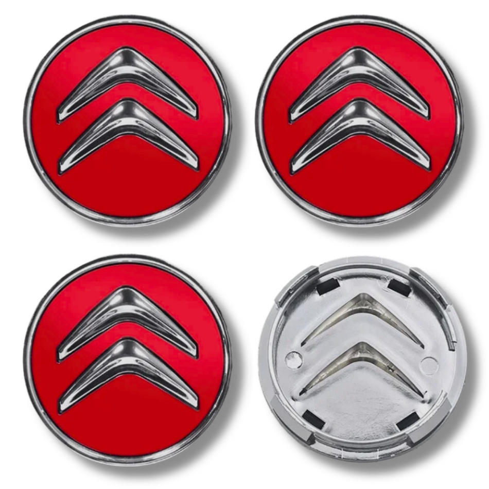 Citroen 60mm Red plastic Centre Caps Set, set of 4, OEM 9406H6 / 542154