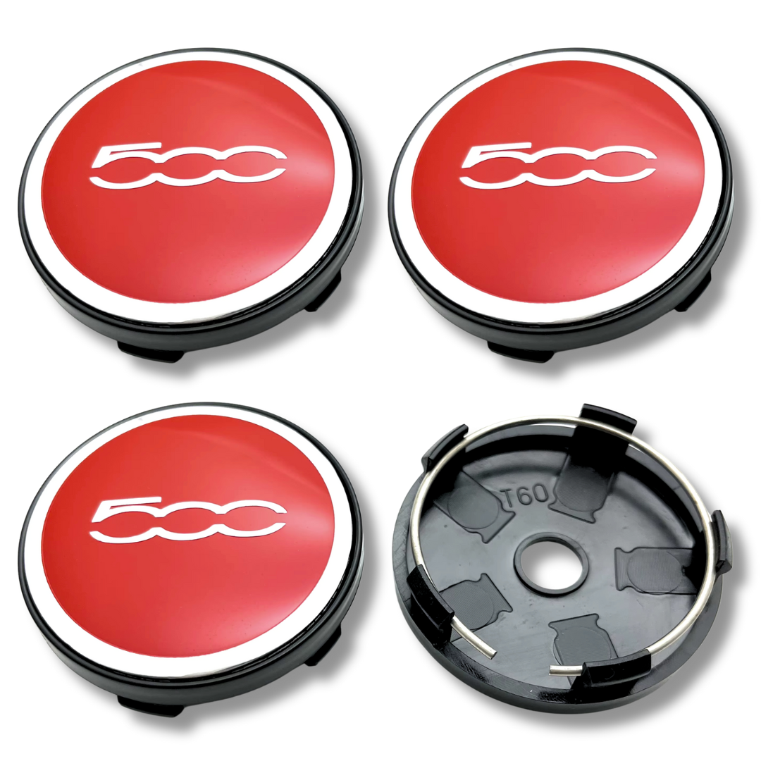 Fiat 60mm Red plastic Centre Caps Set, set of 4, OEM 735448759