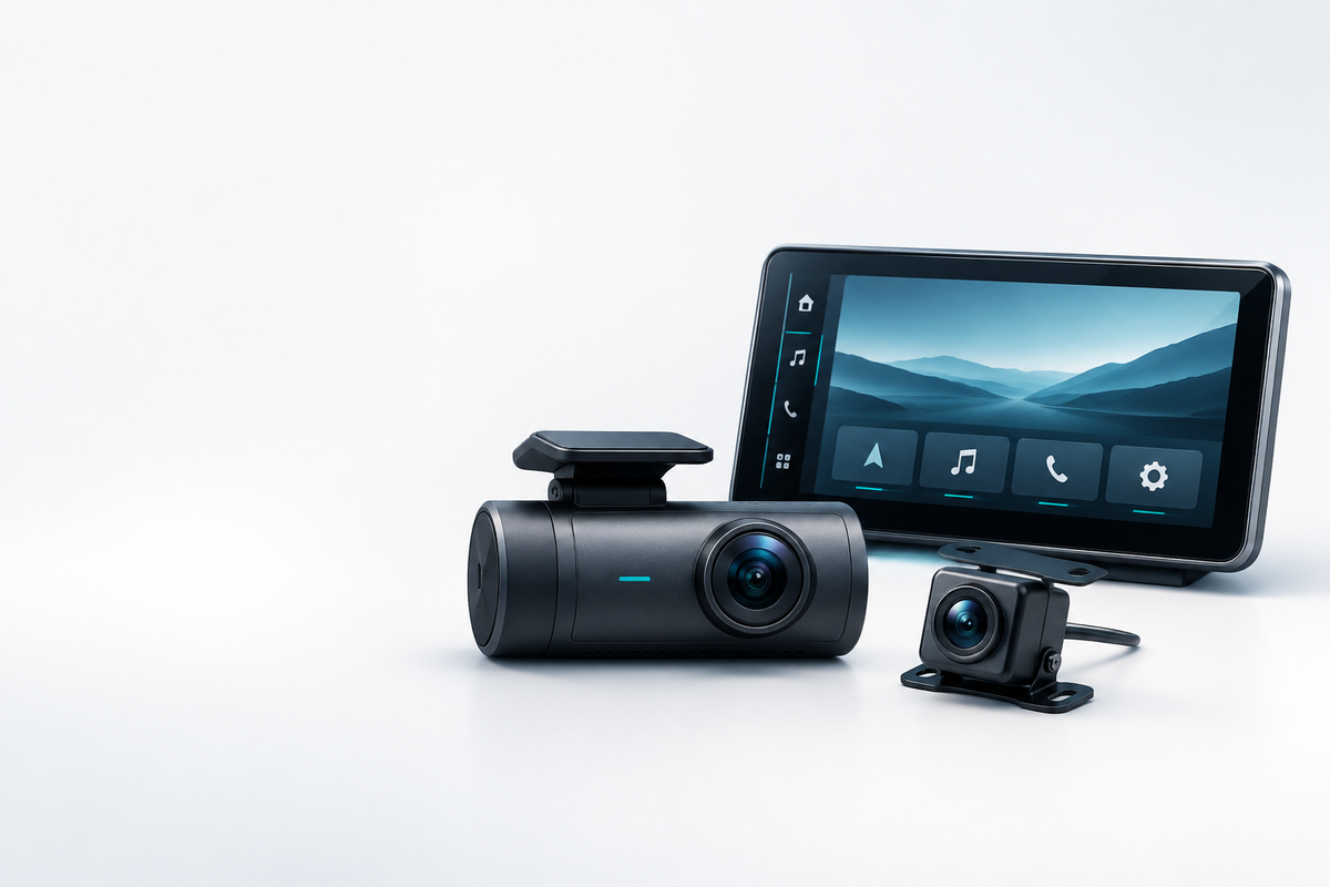 Car accessories: dash cam, reversing camera and display