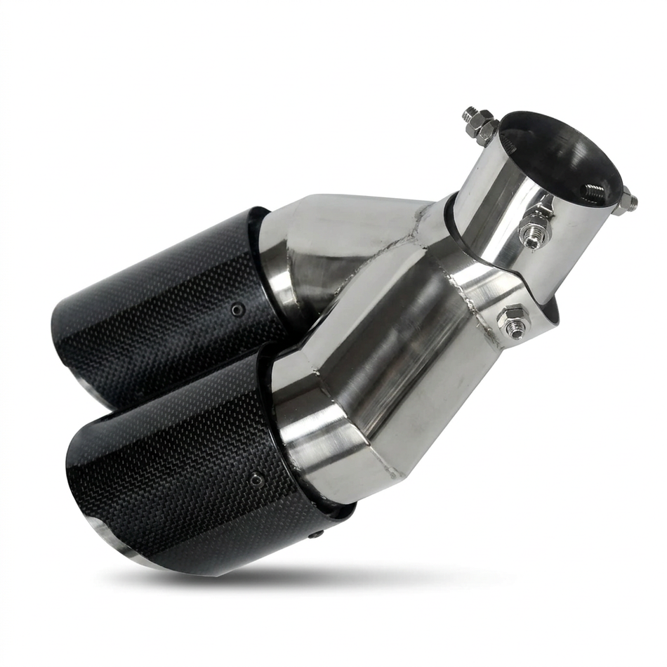 Adjustable-angle twin carbon-fibre exhaust tip on white