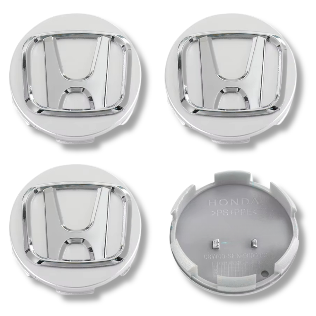 Honda 58mm Silver Chrome plastic Centre Caps Set, set of 4, OEM 44732-S9A-A00