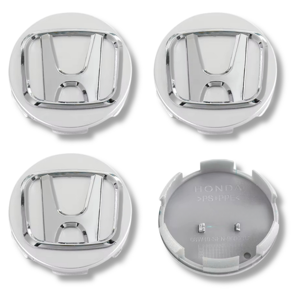 Honda 58mm Silver Chrome plastic Centre Caps Set, set of 4, OEM 44732-S9A-A00