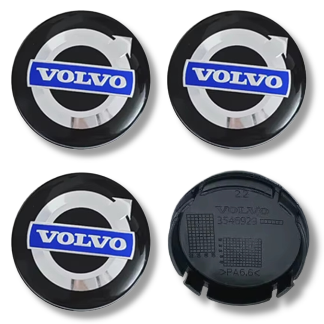 Volvo 64mm Black Blue plastic Centre Caps Set, set of 4, OEM 30666913 / 31400897