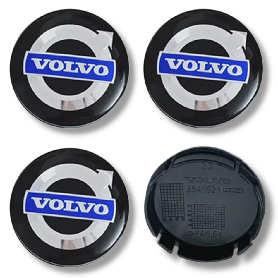 Volvo 64mm Black Blue plastic Centre Caps Set, set of 4, OEM 30666913 / 31400897