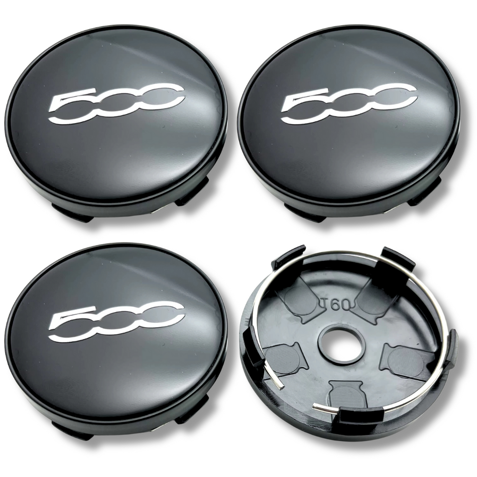 Fiat 60mm Black plastic Centre Caps Set, set of 4, OEM 735448759