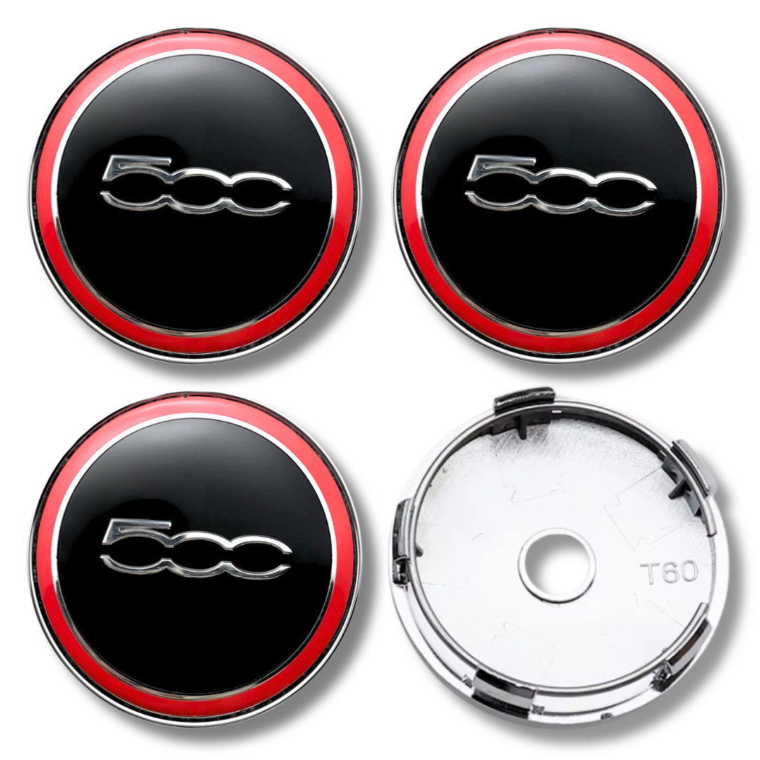 Fiat 60mm Black Red plastic Centre Caps Set, set of 4, OEM 735448759 / 1358877080