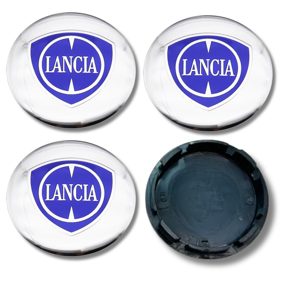 Lancia 56mm Silver GT plastic Centre Caps Set, set of 4, OEM 735448759
