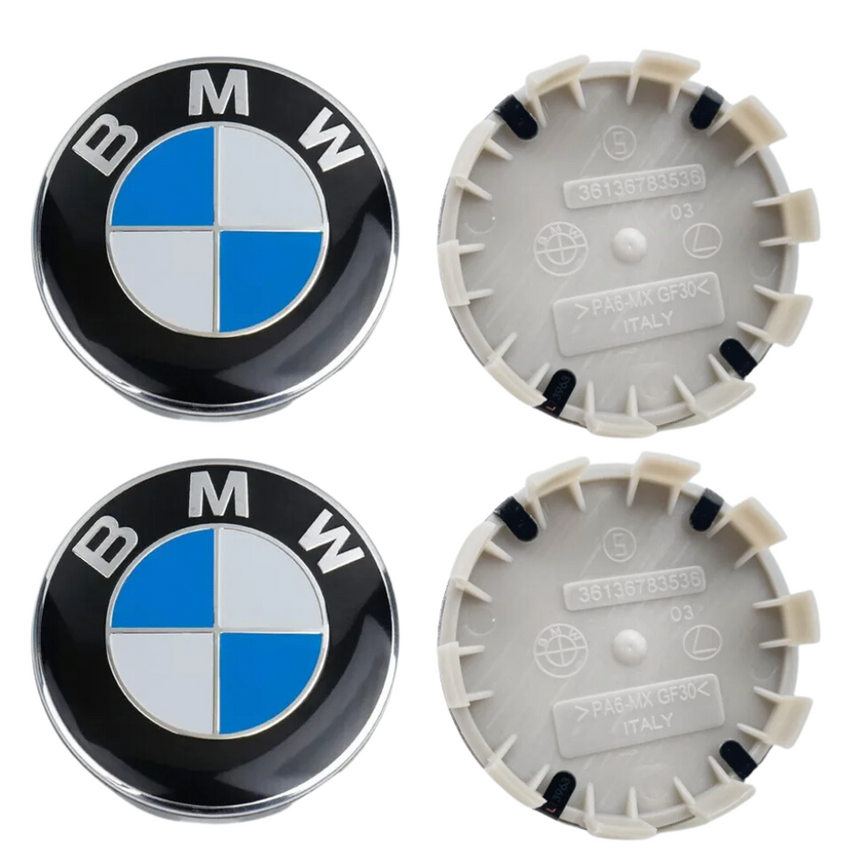 BMW 68mm Black Blue plastic Centre Caps Set, set of 4, OEM 36136783536