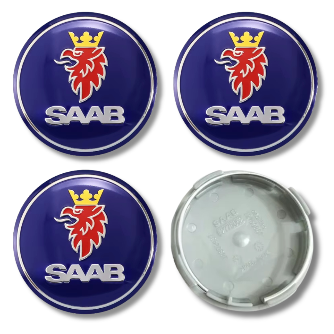 Saab 63mm Blue Silver plastic Centre Caps Set, set of 4, OEM 12761078 / 12775052