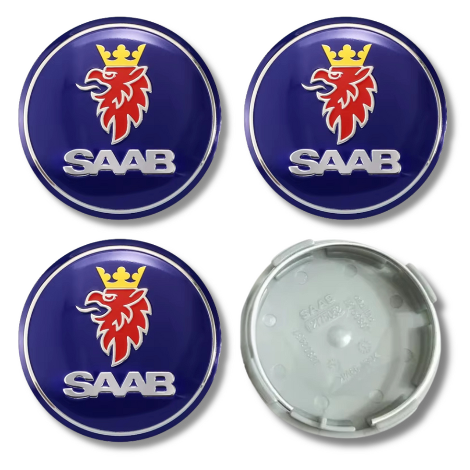 Saab 63mm Blue Silver plastic Centre Caps Set, set of 4, OEM 12761078 / 12775052