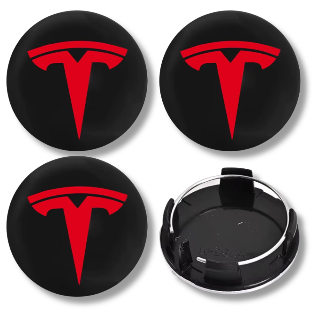 Tesla 56mm Black Red plastic Centre Caps Set, set of 4, OEM 1188223-00-A