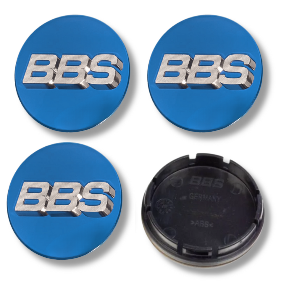BBS 70mm Blue Silver plastic Centre Caps Set, set of 4, OEM 56.24.073