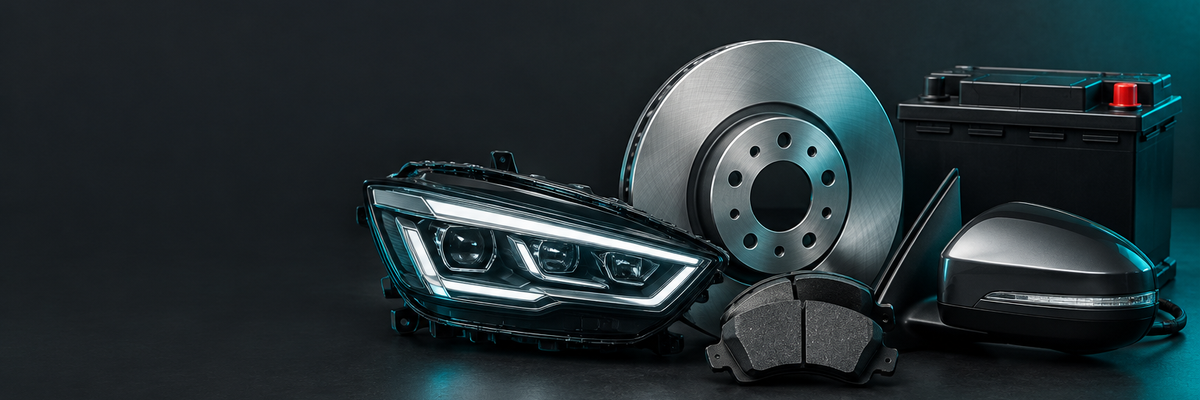 Car parts: headlight, brake disc, pads, battery and mirror