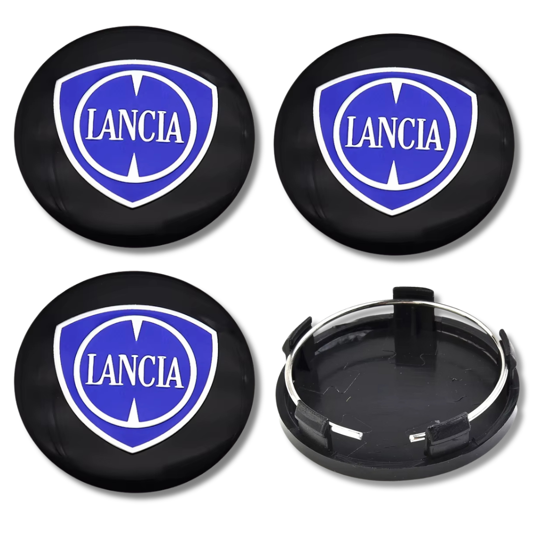 Lancia 60mm Black GT plastic Centre Caps Set, set of 4, OEM 735448759