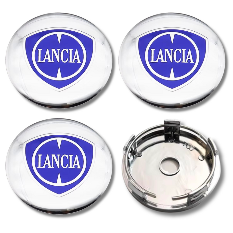 Lancia 60mm Silver GT plastic Centre Caps Set, set of 4, OEM 735448759