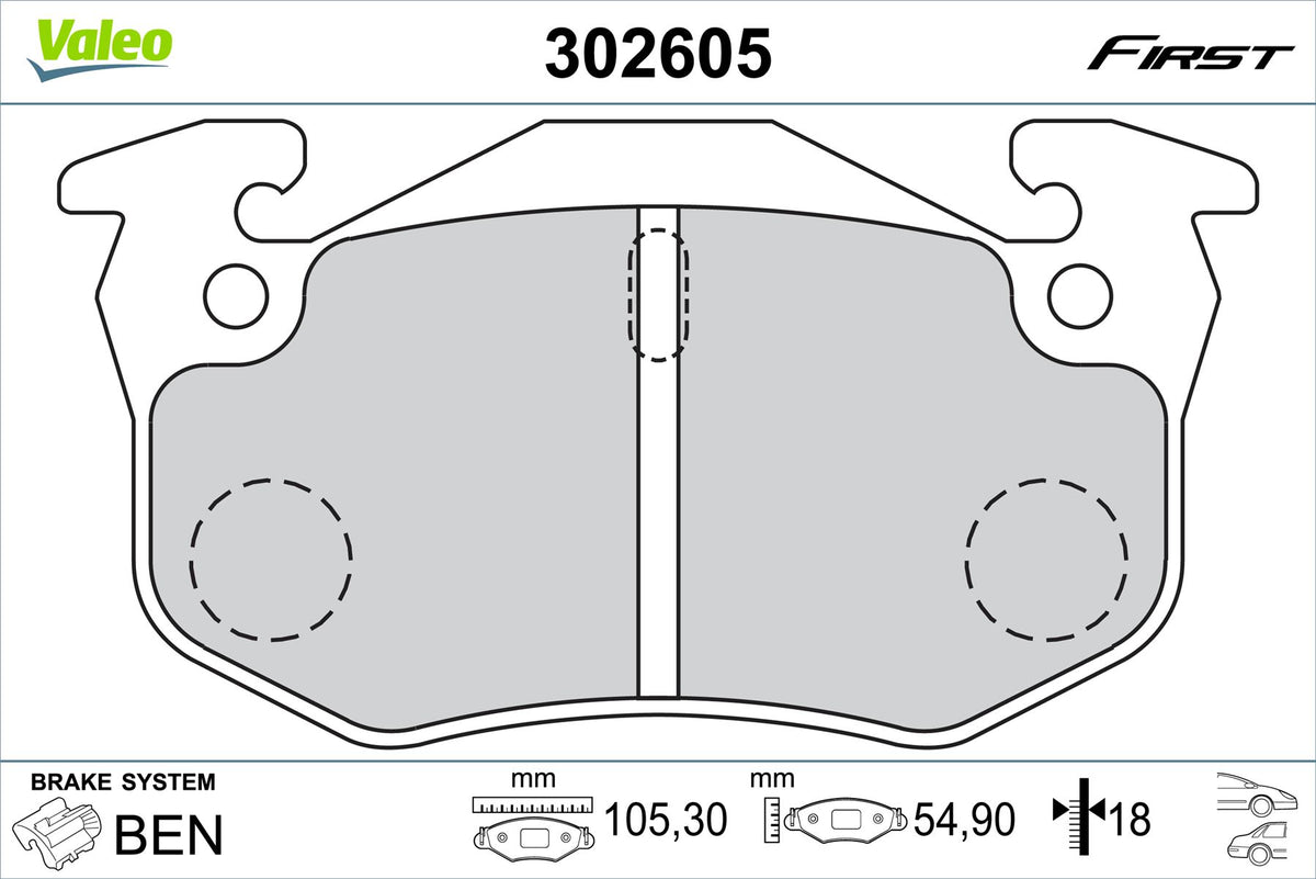 Valeo Rear Brake Pad Set for Citroen & Renault, OEM quality, OEM 95589273, MPN 302605
