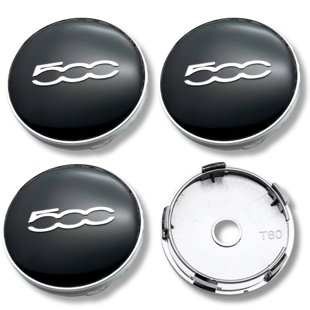 Fiat 60mm Black Chrome plastic Centre Caps Set, set of 4, OEM 735448759