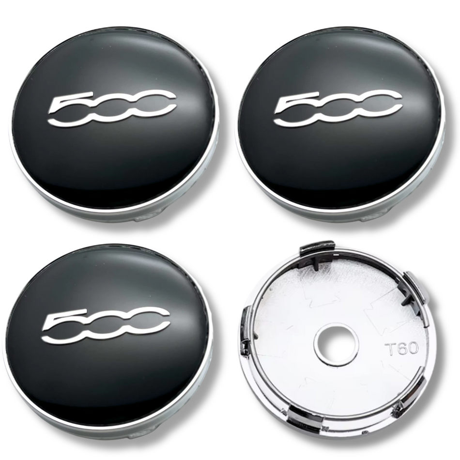 Fiat 60mm Black Chrome plastic Centre Caps Set, set of 4, OEM 735448759