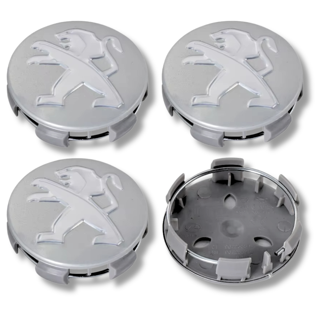 Peugeot 60mm Silver plastic Centre Caps Set, set of 4, OEM 9683515580 / 542166