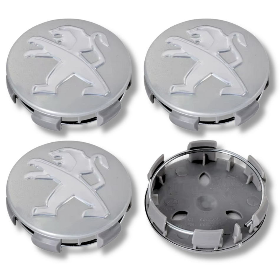 Peugeot 60mm Silver plastic Centre Caps Set, set of 4, OEM 9683515580 / 542166