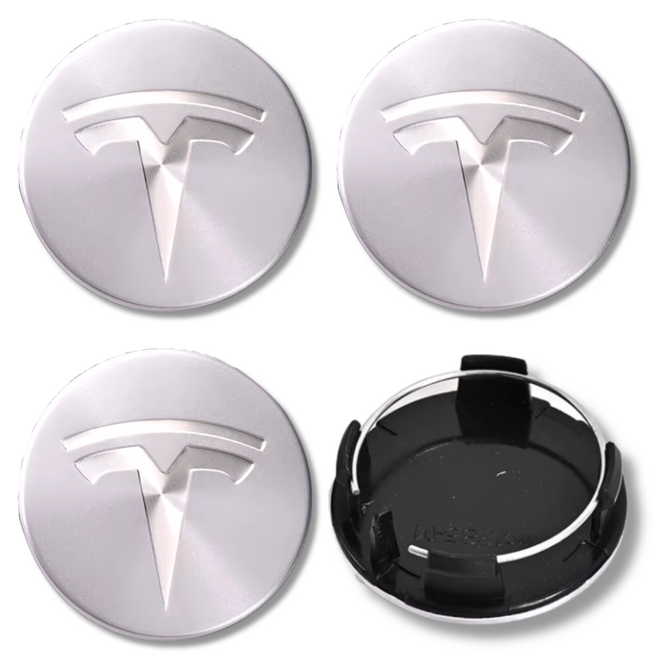 Tesla 56mm Grey Silver plastic Centre Caps Set, set of 4, OEM 1188223-00-A