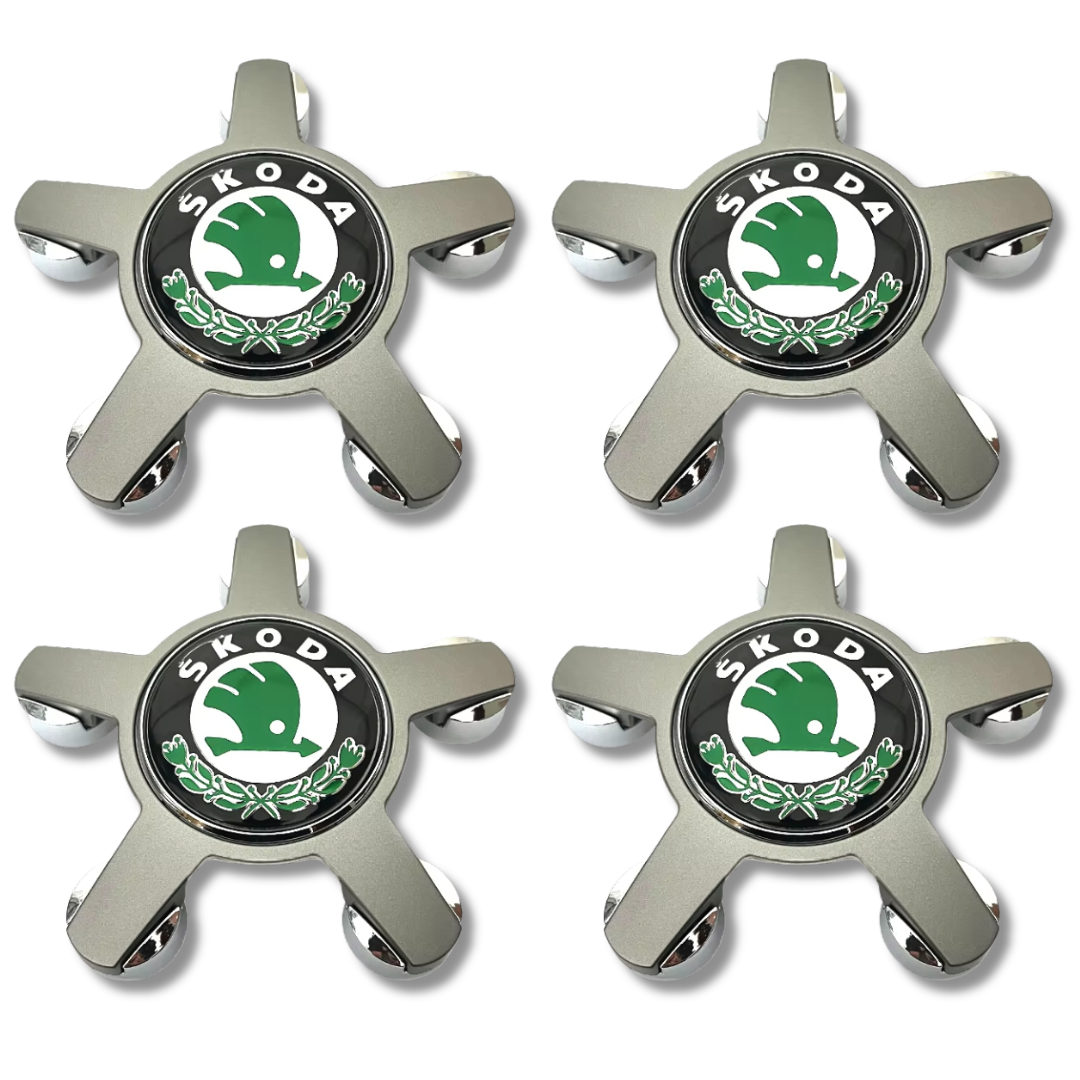Skoda 135mm Green Grey plastic Centre Caps Set, set of 4, OEM 5JA601151A