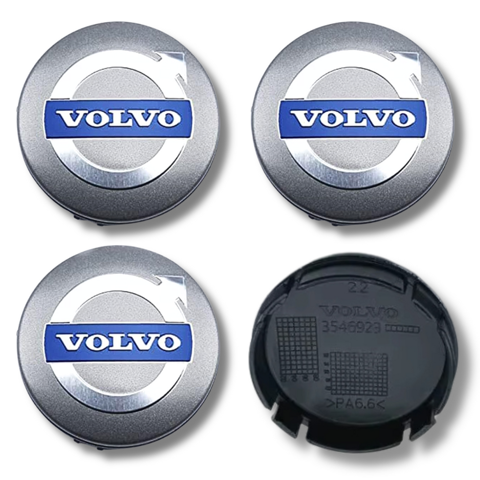 Volvo 64mm Silver plastic Centre Caps Set, set of 4, OEM 30666913 / 31400897