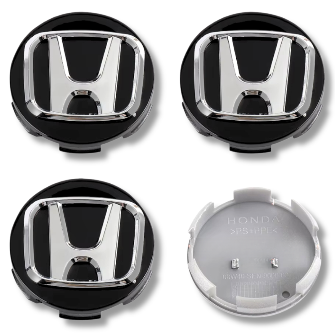 Honda 58mm Black Chrome plastic Centre Caps Set, set of 4, OEM 44732-S9A-A00