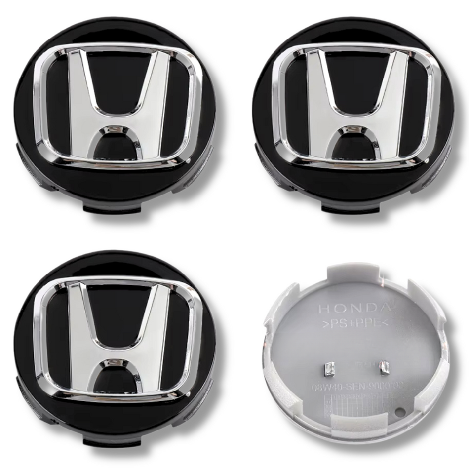 Honda 58mm Black Chrome plastic Centre Caps Set, set of 4, OEM 44732-S9A-A00